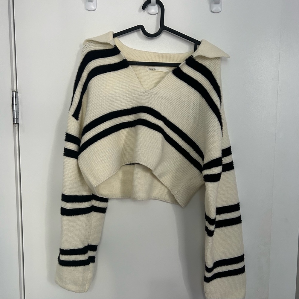 OAK + FORT striped collared cropped sweater